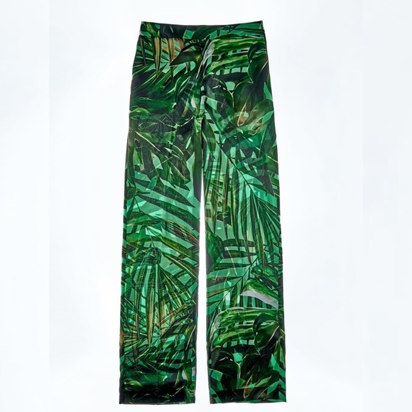 ZARA - BNWT Green Satin Effect Flowy Tropical Floral Print Pants with Pockets - Picture 6 of 6